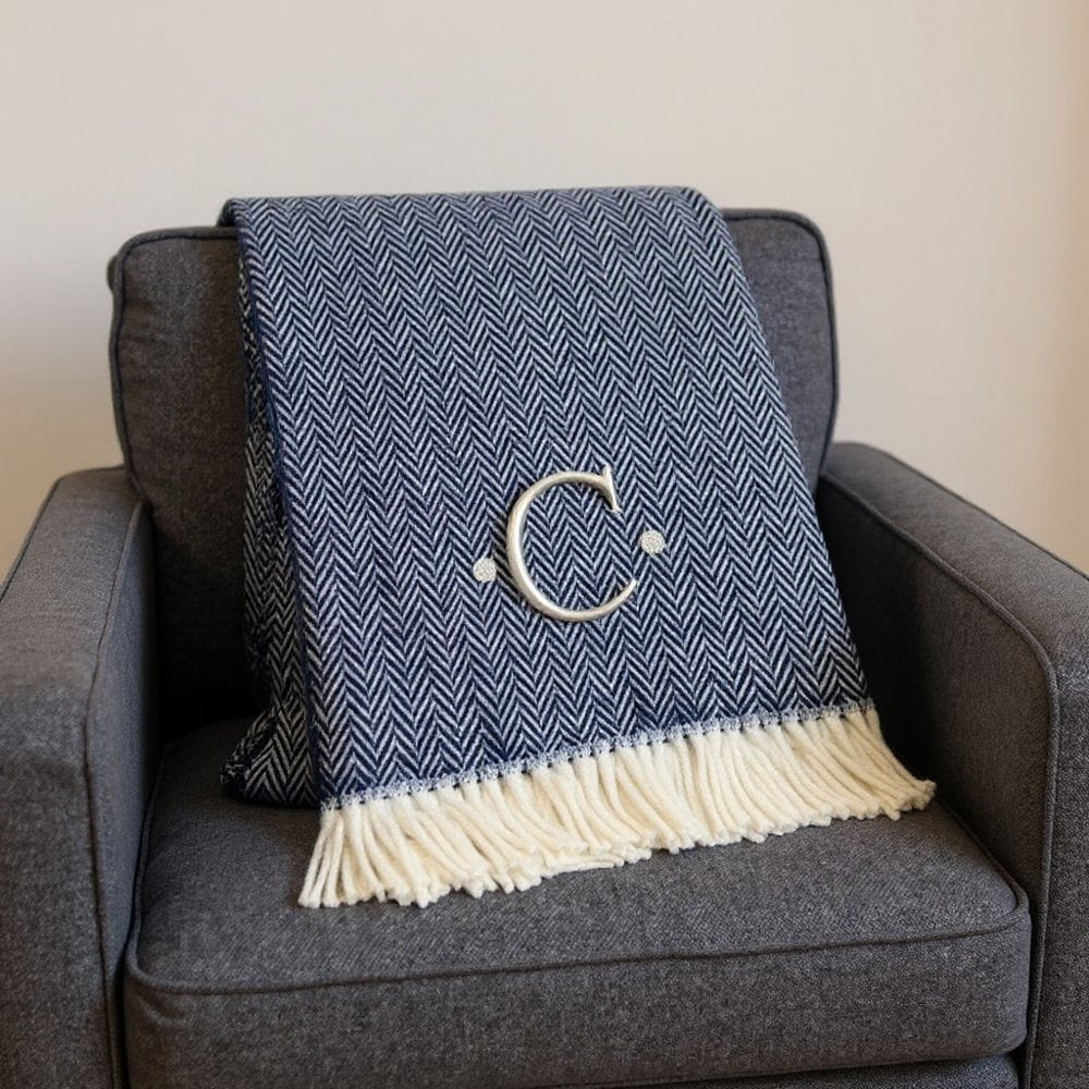 55" X 70" Navy Blue And White Herringbone Cotton Blend S Initial Throw Blanket with Tassels And Embroidery