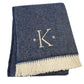 55" X 70" Navy Blue And White Herringbone Cotton Blend S Initial Throw Blanket with Tassels And Embroidery