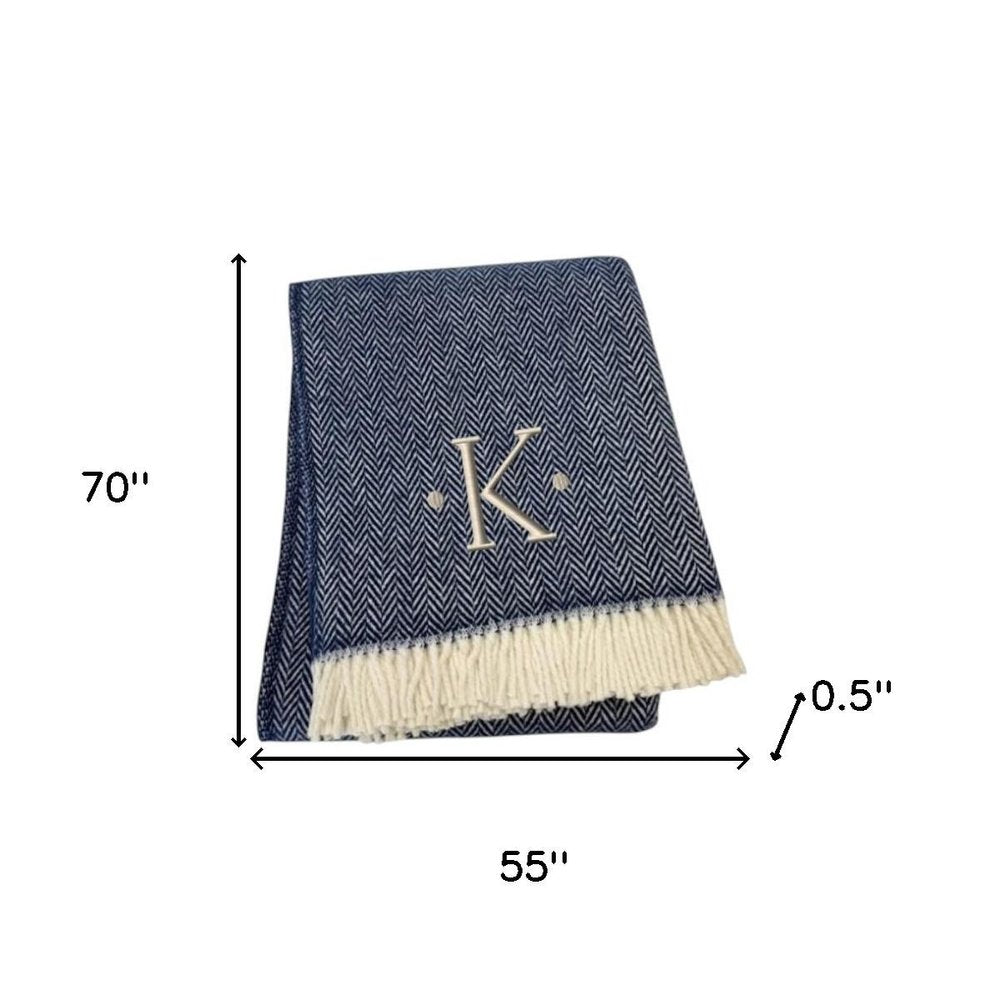 55" X 70" Navy Blue And White Herringbone Cotton Blend S Initial Throw Blanket with Tassels And Embroidery