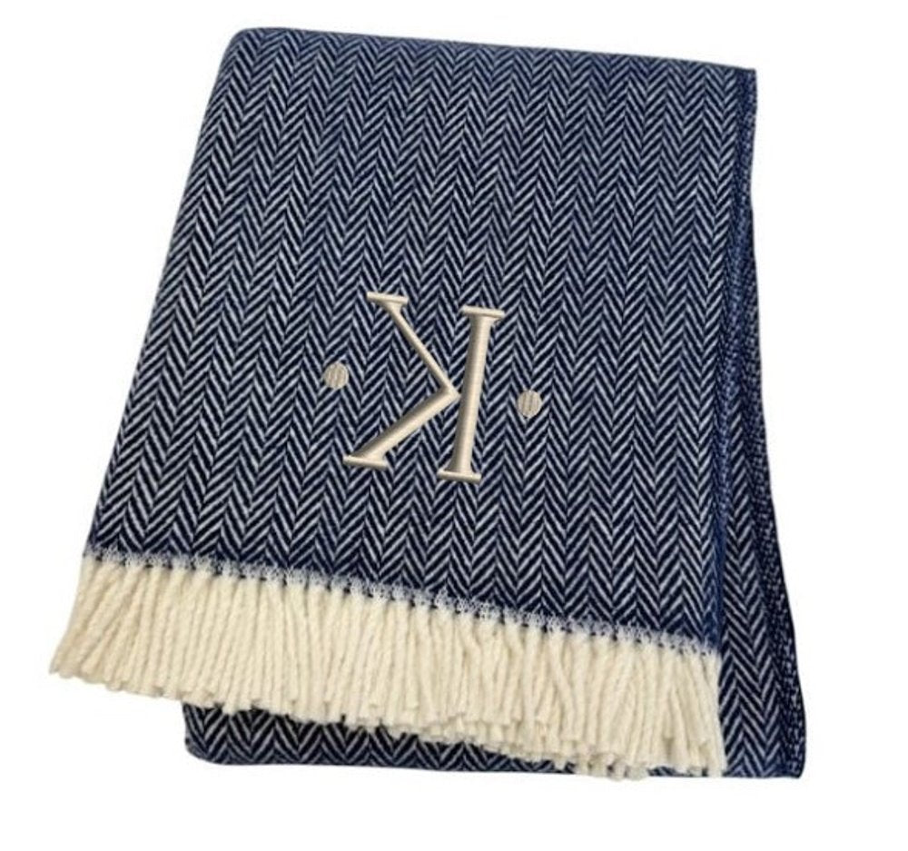 55" X 70" Navy Blue And White Herringbone Cotton Blend S Initial Throw Blanket with Tassels And Embroidery