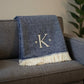 55" X 70" Navy Blue And White Herringbone Cotton Blend S Initial Throw Blanket with Tassels And Embroidery