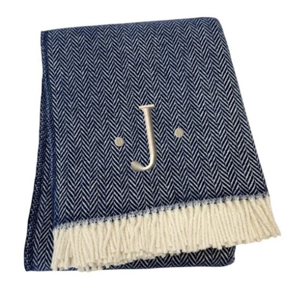 55" X 70" Navy Blue And White Herringbone Cotton Blend S Initial Throw Blanket with Tassels And Embroidery