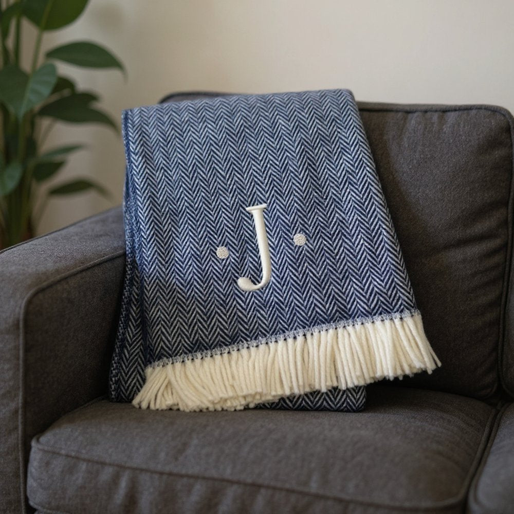 55" X 70" Navy Blue And White Herringbone Cotton Blend S Initial Throw Blanket with Tassels And Embroidery