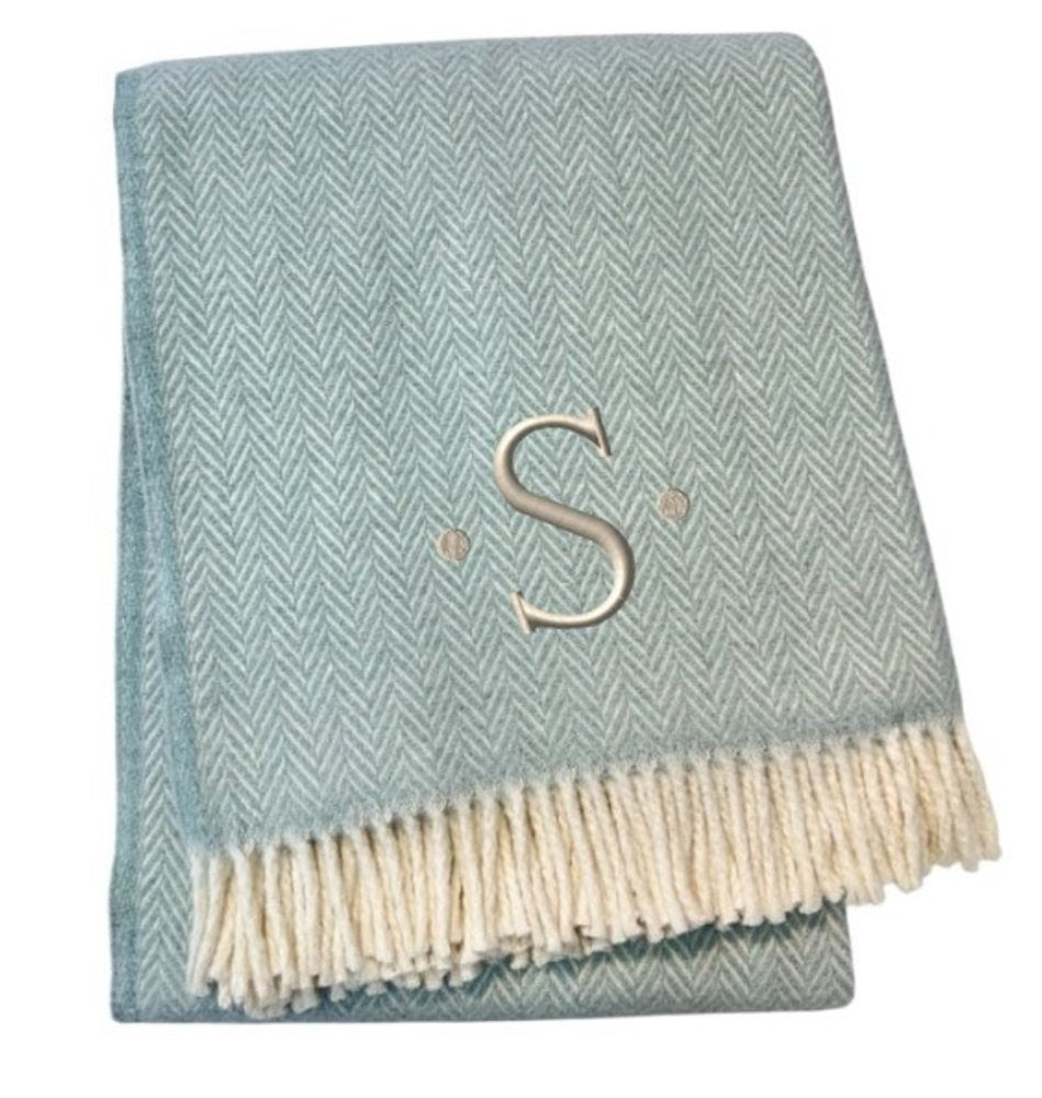 55" X 70" Sky Blue And White Herringbone Cotton Blend S Initial Throw Blanket with Tassels And Embroidery
