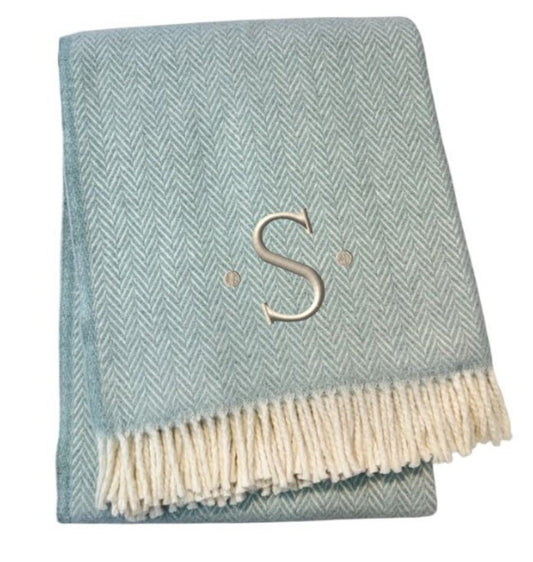 55" X 70" Sky Blue And White Herringbone Cotton Blend S Initial Throw Blanket with Tassels And Embroidery