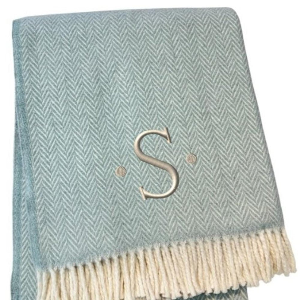 55" X 70" Sky Blue And White Herringbone Cotton Blend S Initial Throw Blanket with Tassels And Embroidery