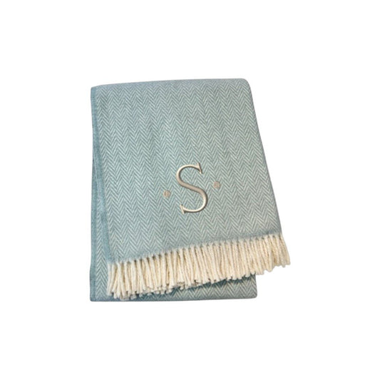 55" X 70" Sky Blue And White Herringbone Cotton Blend S Initial Throw Blanket with Tassels And Embroidery