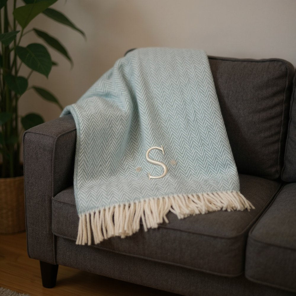 55" X 70" Sky Blue And White Herringbone Cotton Blend S Initial Throw Blanket with Tassels And Embroidery