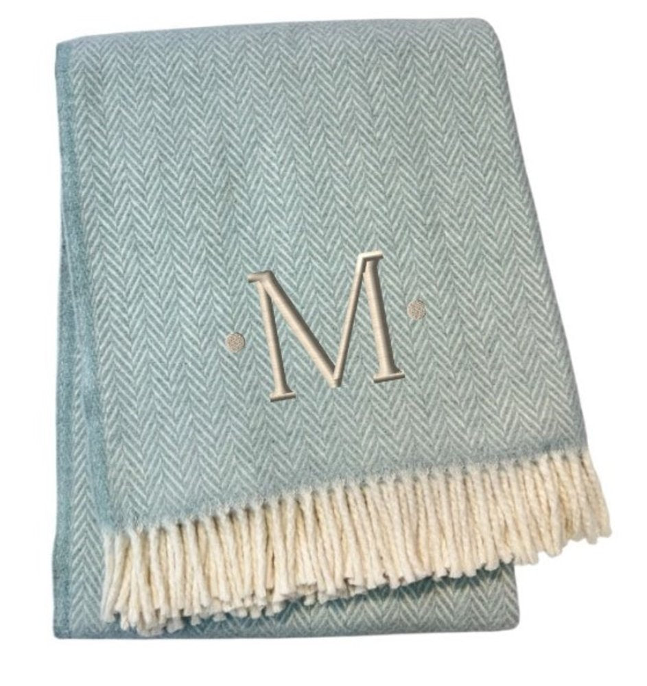 55" X 70" Sky Blue And White Herringbone Cotton Blend S Initial Throw Blanket with Tassels And Embroidery