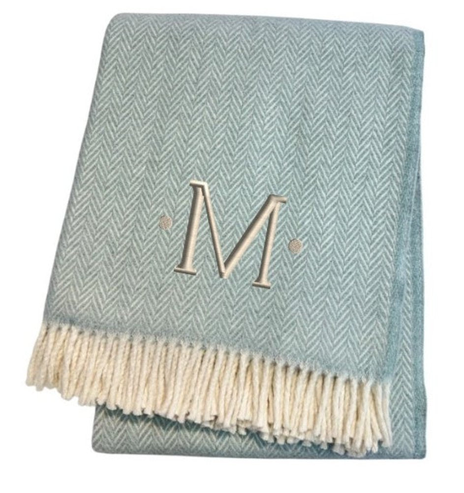 55" X 70" Sky Blue And White Herringbone Cotton Blend S Initial Throw Blanket with Tassels And Embroidery
