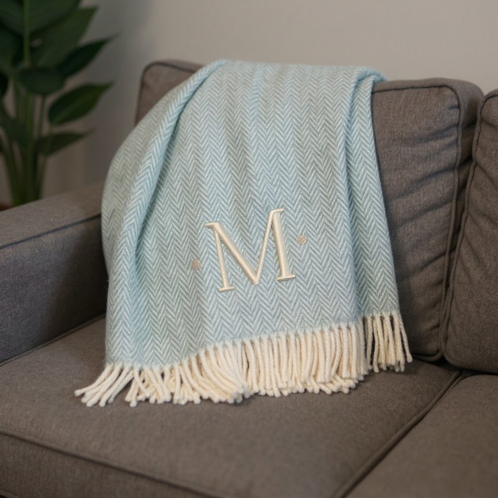 55" X 70" Sky Blue And White Herringbone Cotton Blend S Initial Throw Blanket with Tassels And Embroidery