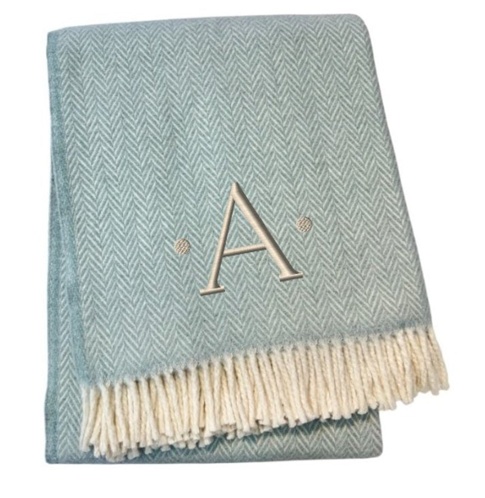 55" X 70" Sky Blue And White Herringbone Cotton Blend S Initial Throw Blanket with Tassels And Embroidery