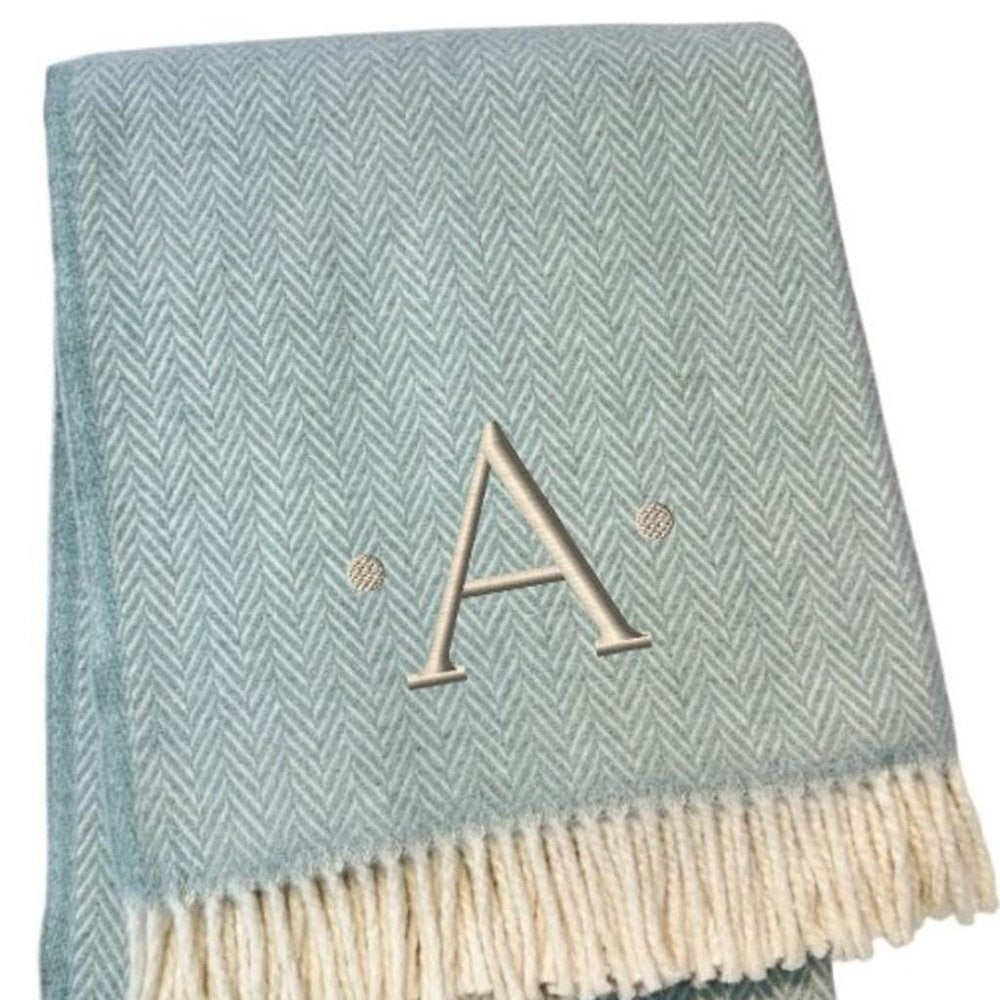 55" X 70" Sky Blue And White Herringbone Cotton Blend S Initial Throw Blanket with Tassels And Embroidery