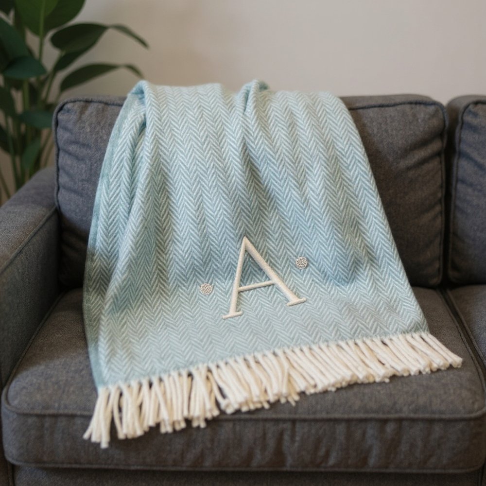 55" X 70" Sky Blue And White Herringbone Cotton Blend S Initial Throw Blanket with Tassels And Embroidery