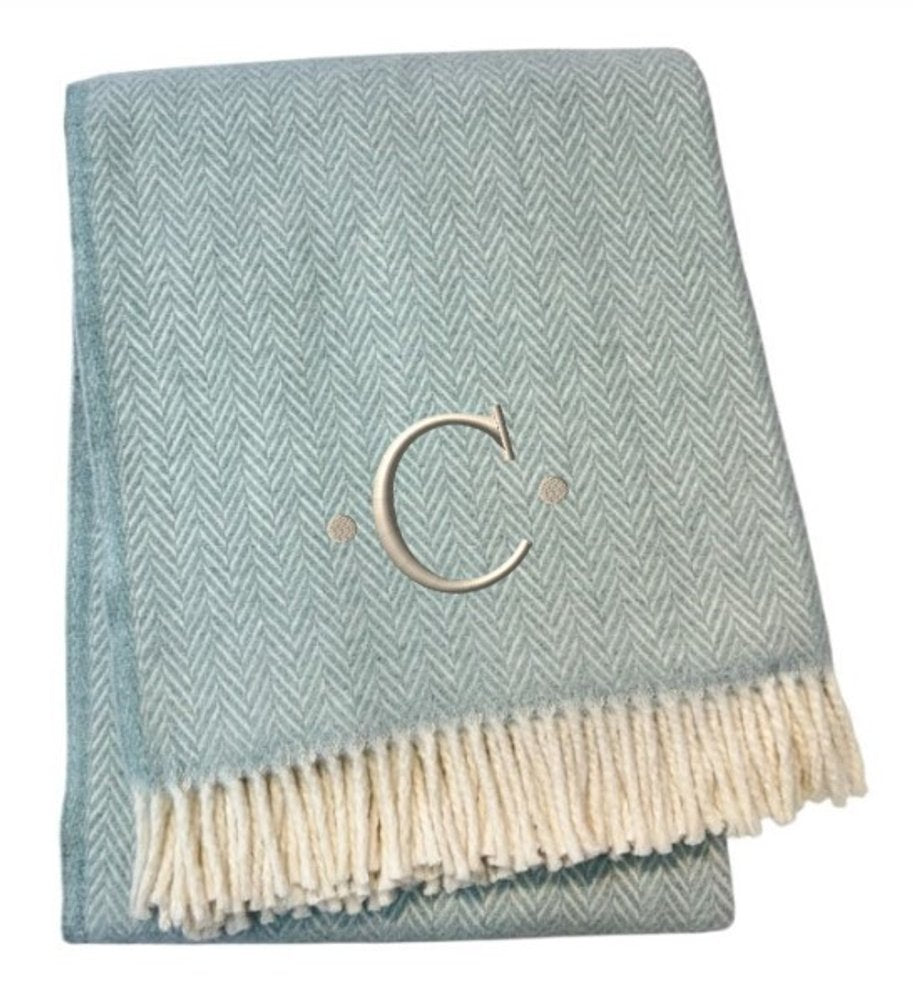 55" X 70" Sky Blue And White Herringbone Cotton Blend S Initial Throw Blanket with Tassels And Embroidery