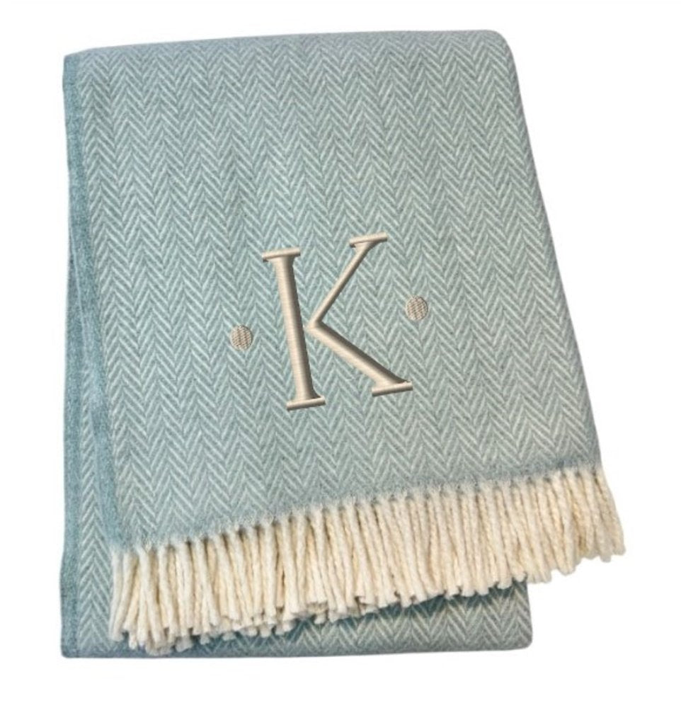 55" X 70" Sky Blue And White Herringbone Cotton Blend S Initial Throw Blanket with Tassels And Embroidery