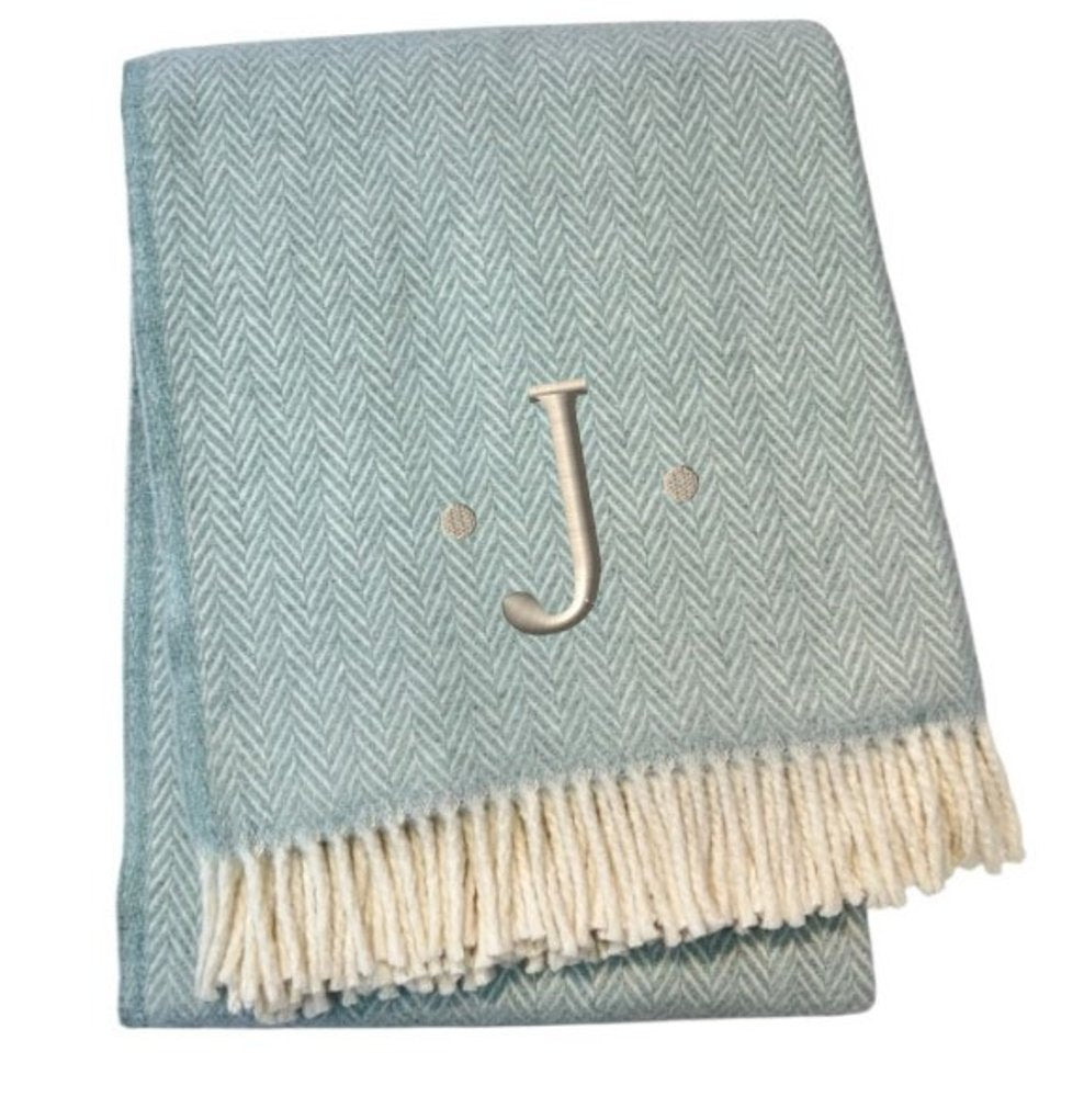 55" X 70" Sky Blue And White Herringbone Cotton Blend S Initial Throw Blanket with Tassels And Embroidery