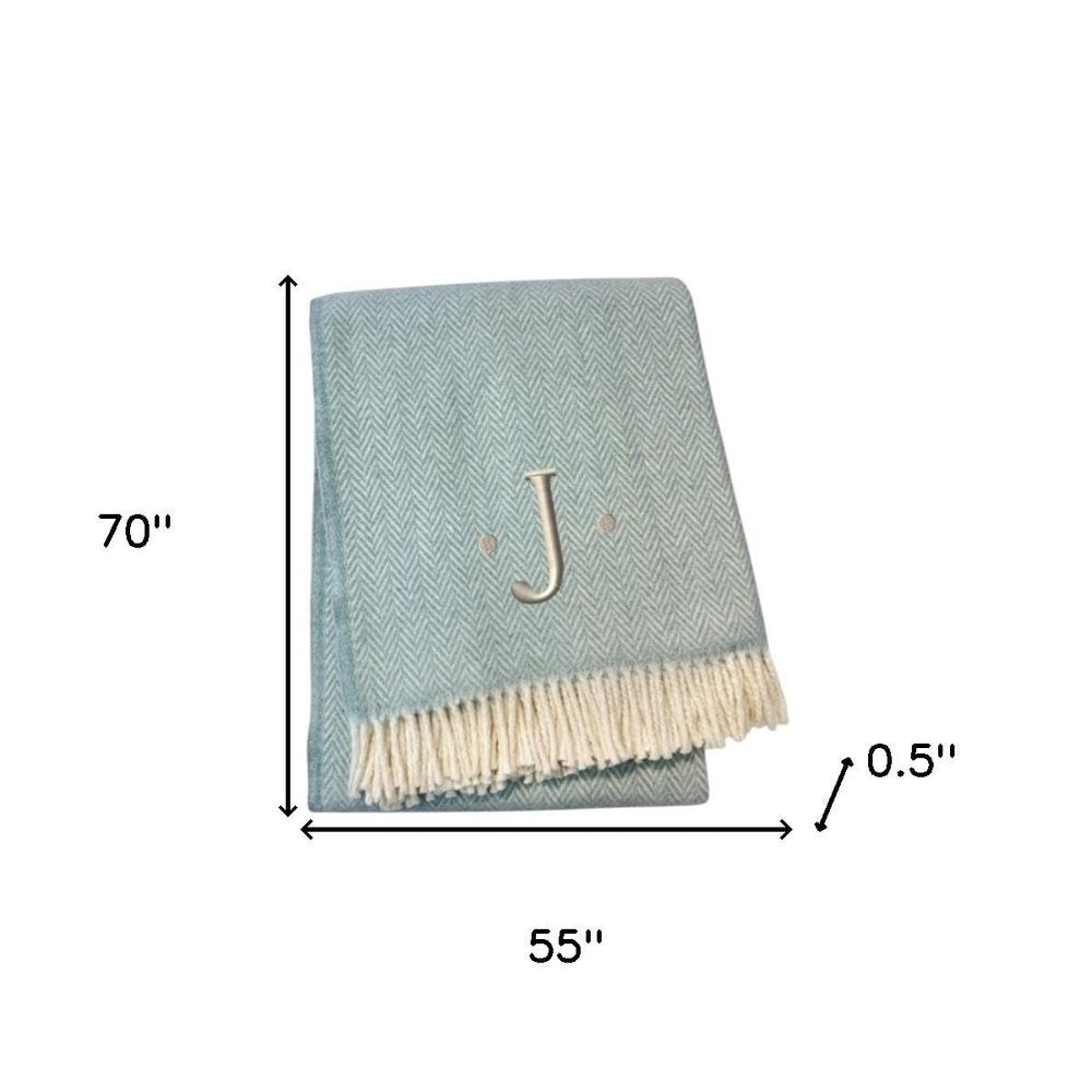 55" X 70" Sky Blue And White Herringbone Cotton Blend S Initial Throw Blanket with Tassels And Embroidery
