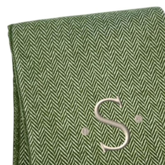 55" X 70" Moss Green And White Herringbone Cotton Blend S Initial Throw Blanket with Tassels And Embroidery