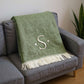 55" X 70" Moss Green And White Herringbone Cotton Blend S Initial Throw Blanket with Tassels And Embroidery