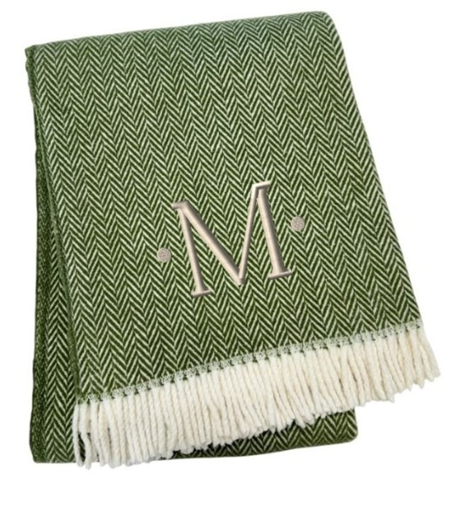 55" X 70" Moss Green And White Herringbone Cotton Blend S Initial Throw Blanket with Tassels And Embroidery