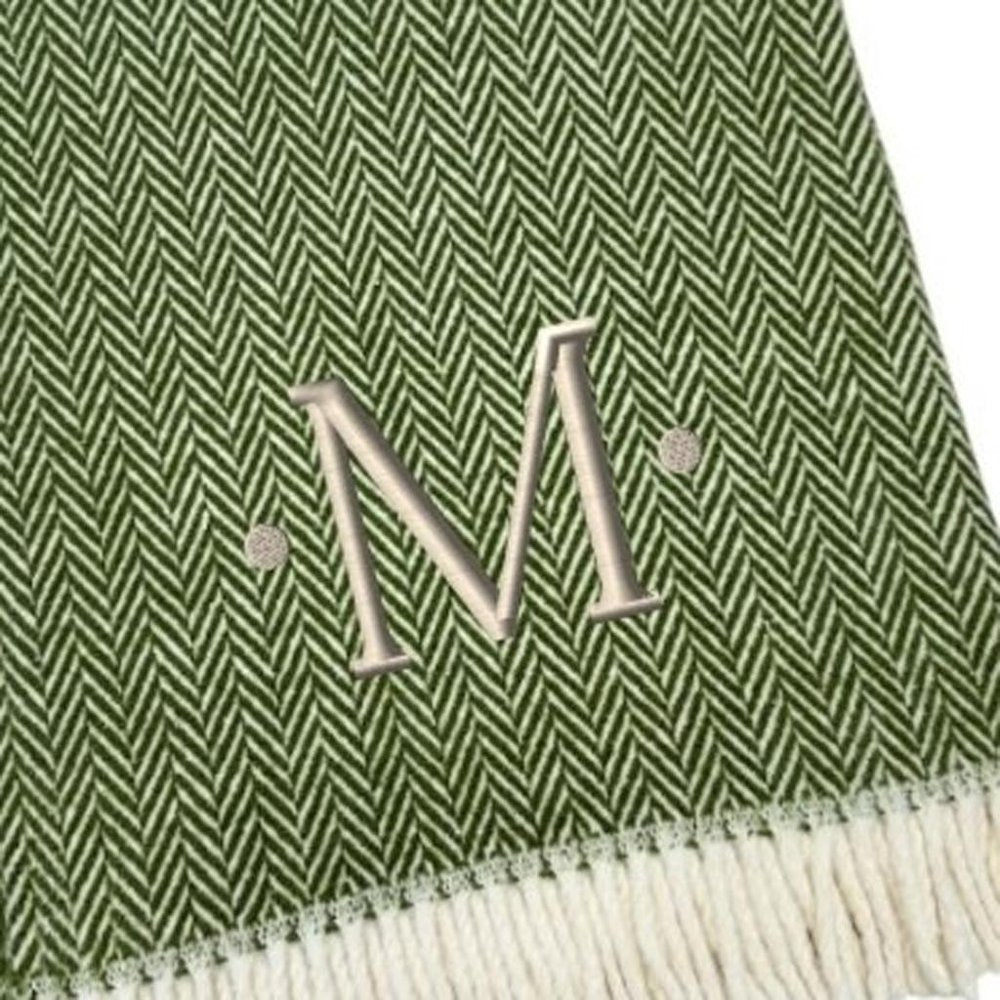 55" X 70" Moss Green And White Herringbone Cotton Blend S Initial Throw Blanket with Tassels And Embroidery