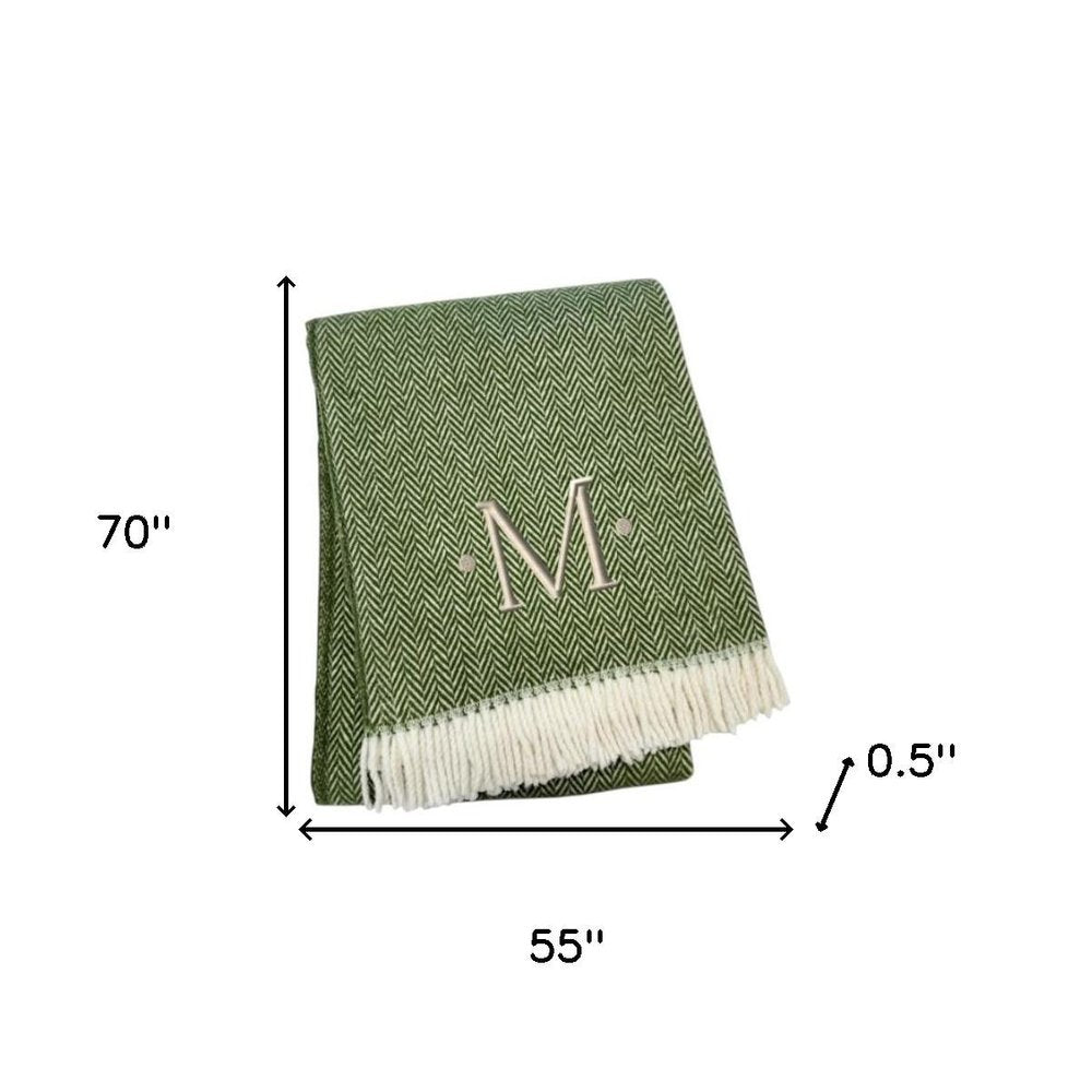 55" X 70" Moss Green And White Herringbone Cotton Blend S Initial Throw Blanket with Tassels And Embroidery