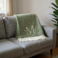 55" X 70" Moss Green And White Herringbone Cotton Blend S Initial Throw Blanket with Tassels And Embroidery