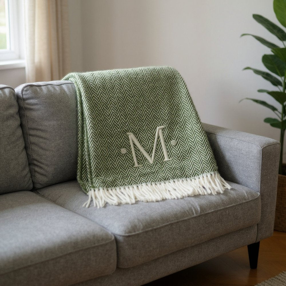55" X 70" Moss Green And White Herringbone Cotton Blend S Initial Throw Blanket with Tassels And Embroidery