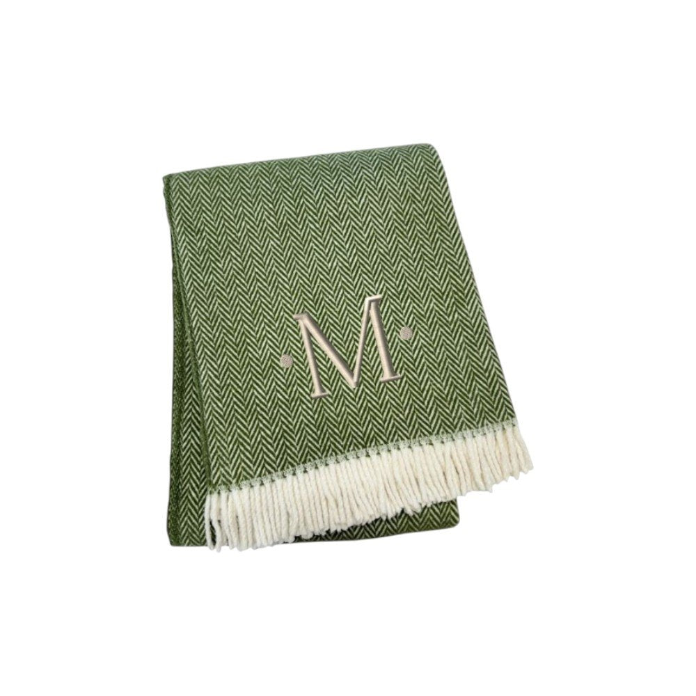 55" X 70" Moss Green And White Herringbone Cotton Blend S Initial Throw Blanket with Tassels And Embroidery