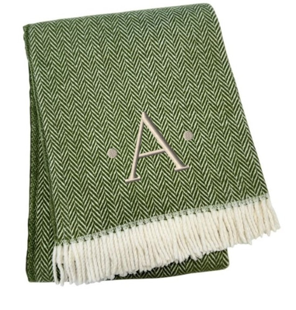 55" X 70" Moss Green And White Herringbone Cotton Blend S Initial Throw Blanket with Tassels And Embroidery