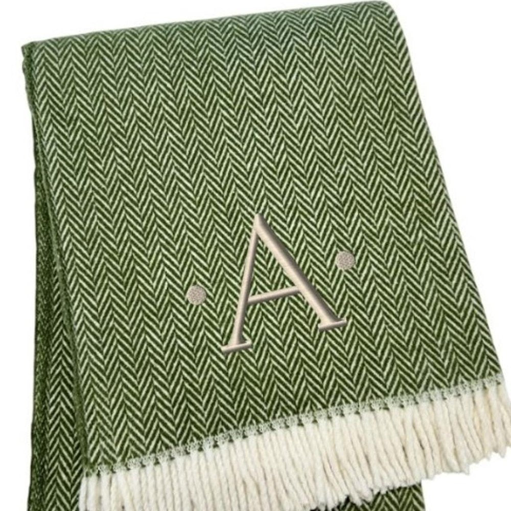 55" X 70" Moss Green And White Herringbone Cotton Blend S Initial Throw Blanket with Tassels And Embroidery