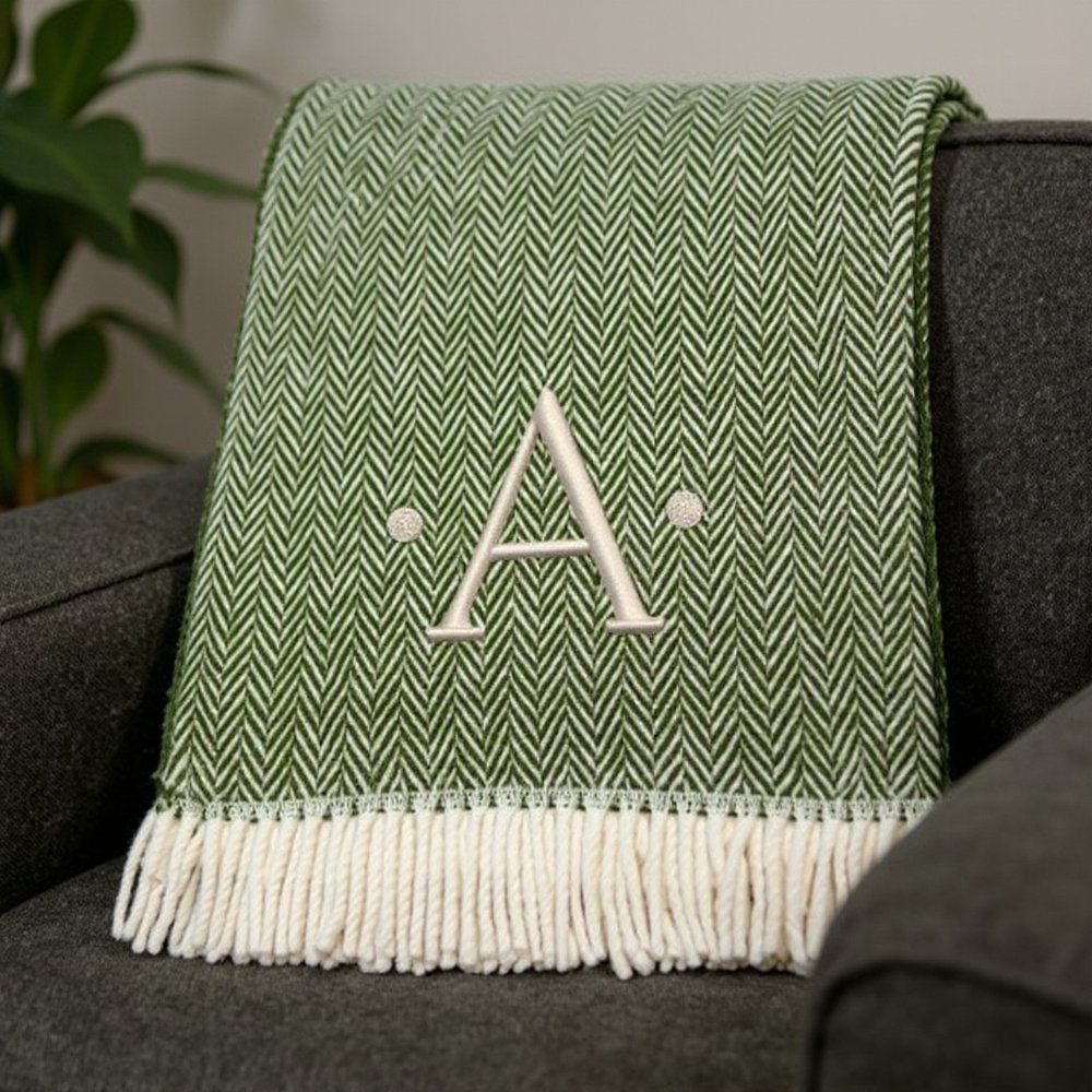 55" X 70" Moss Green And White Herringbone Cotton Blend S Initial Throw Blanket with Tassels And Embroidery