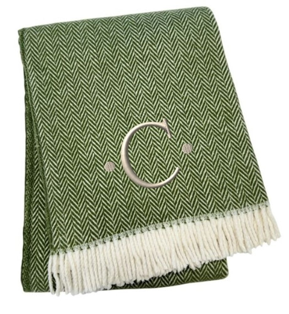 55" X 70" Moss Green And White Herringbone Cotton Blend S Initial Throw Blanket with Tassels And Embroidery