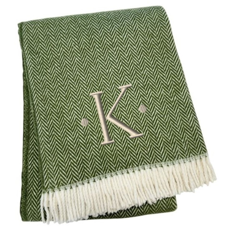 55" X 70" Moss Green And White Herringbone Cotton Blend S Initial Throw Blanket with Tassels And Embroidery