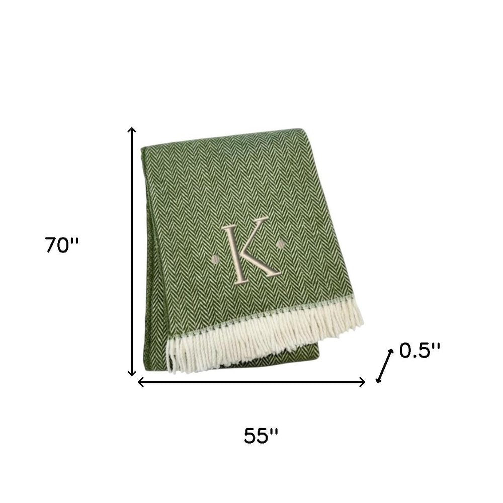 55" X 70" Moss Green And White Herringbone Cotton Blend S Initial Throw Blanket with Tassels And Embroidery