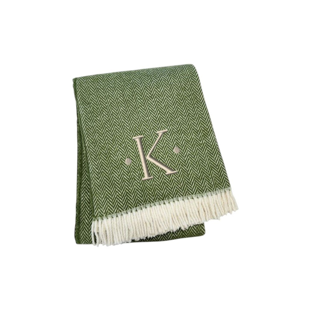 55" X 70" Moss Green And White Herringbone Cotton Blend S Initial Throw Blanket with Tassels And Embroidery