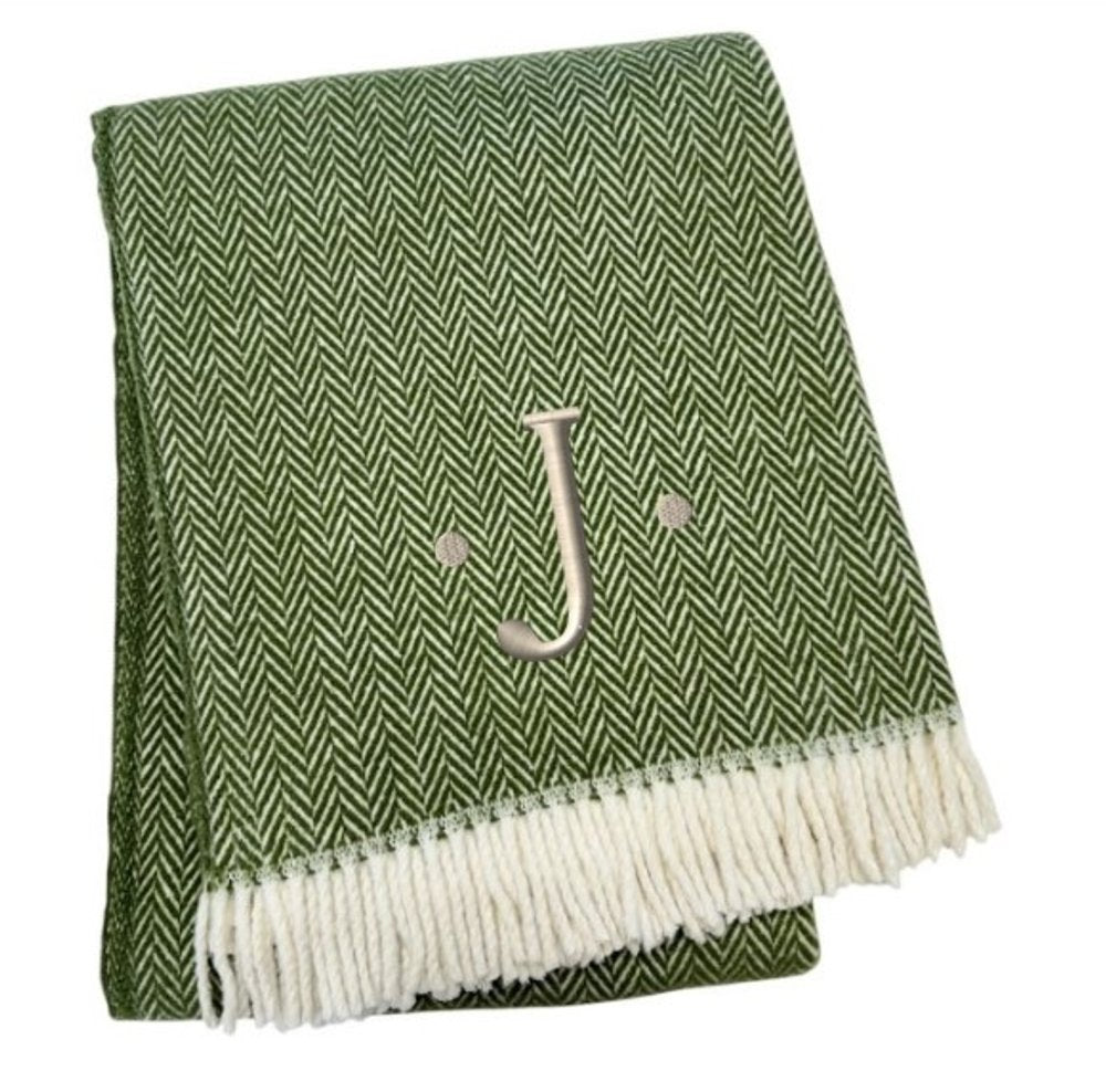 55" X 70" Moss Green And White Herringbone Cotton Blend S Initial Throw Blanket with Tassels And Embroidery