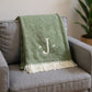 55" X 70" Moss Green And White Herringbone Cotton Blend S Initial Throw Blanket with Tassels And Embroidery