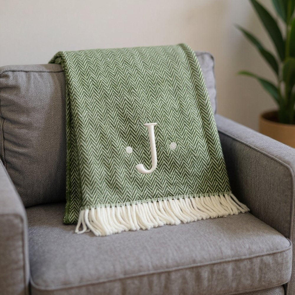 55" X 70" Moss Green And White Herringbone Cotton Blend S Initial Throw Blanket with Tassels And Embroidery