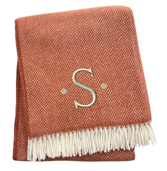 55" X 70" Terra Cotta And White Herringbone Cotton Blend S Initial Throw Blanket with Tassels And Embroidery