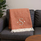 55" X 70" Terra Cotta And White Herringbone Cotton Blend S Initial Throw Blanket with Tassels And Embroidery