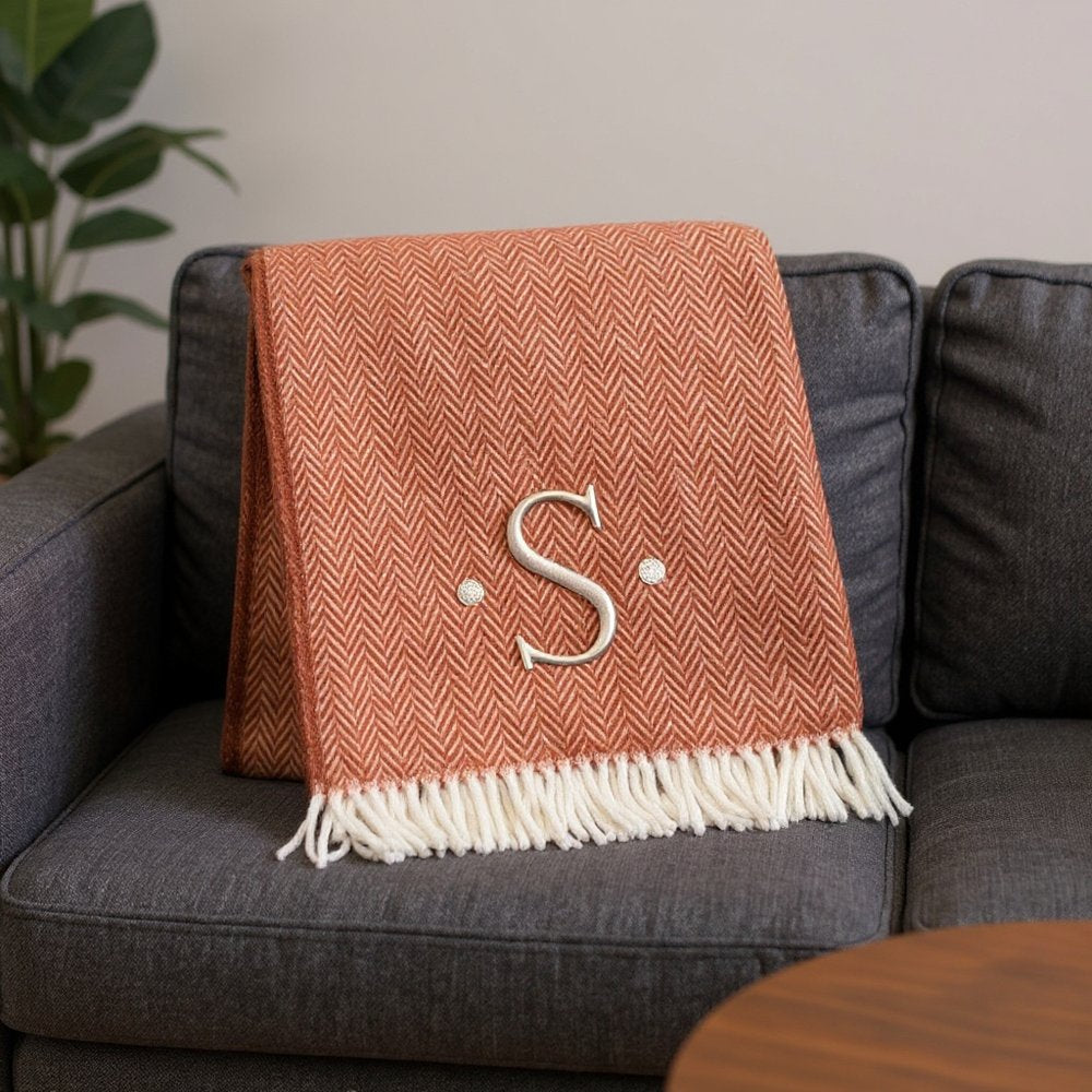 55" X 70" Terra Cotta And White Herringbone Cotton Blend S Initial Throw Blanket with Tassels And Embroidery