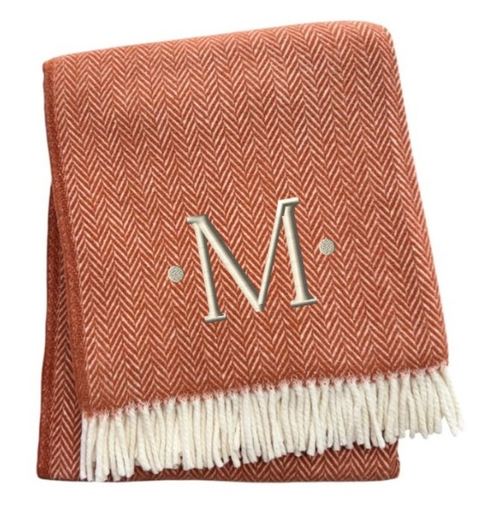 55" X 70" Terra Cotta And White Herringbone Cotton Blend S Initial Throw Blanket with Tassels And Embroidery