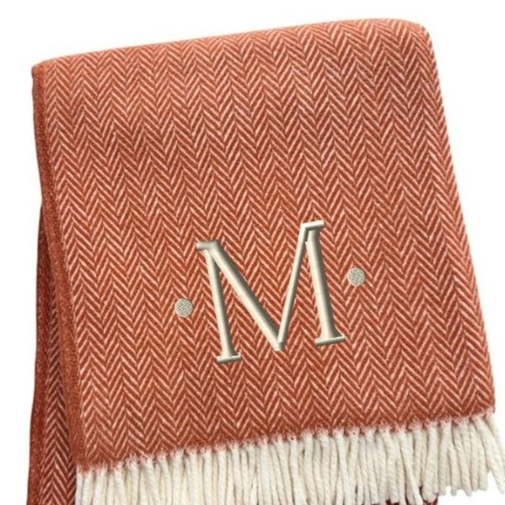 55" X 70" Terra Cotta And White Herringbone Cotton Blend S Initial Throw Blanket with Tassels And Embroidery