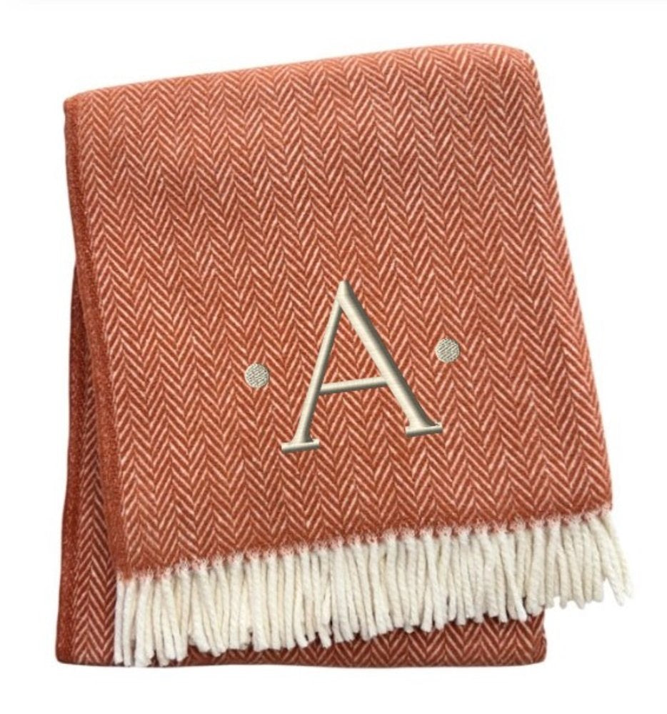 55" X 70" Terra Cotta And White Herringbone Cotton Blend S Initial Throw Blanket with Tassels And Embroidery
