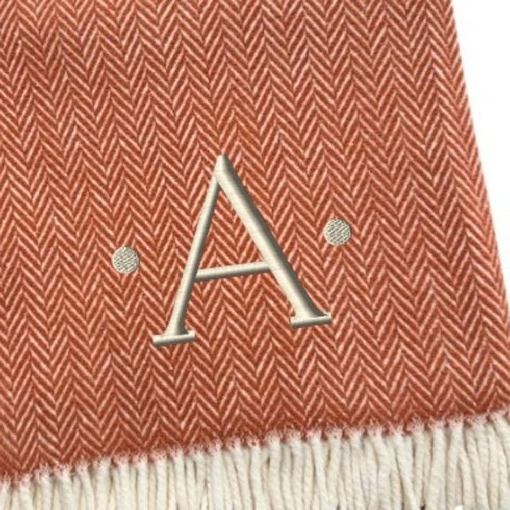 55" X 70" Terra Cotta And White Herringbone Cotton Blend S Initial Throw Blanket with Tassels And Embroidery