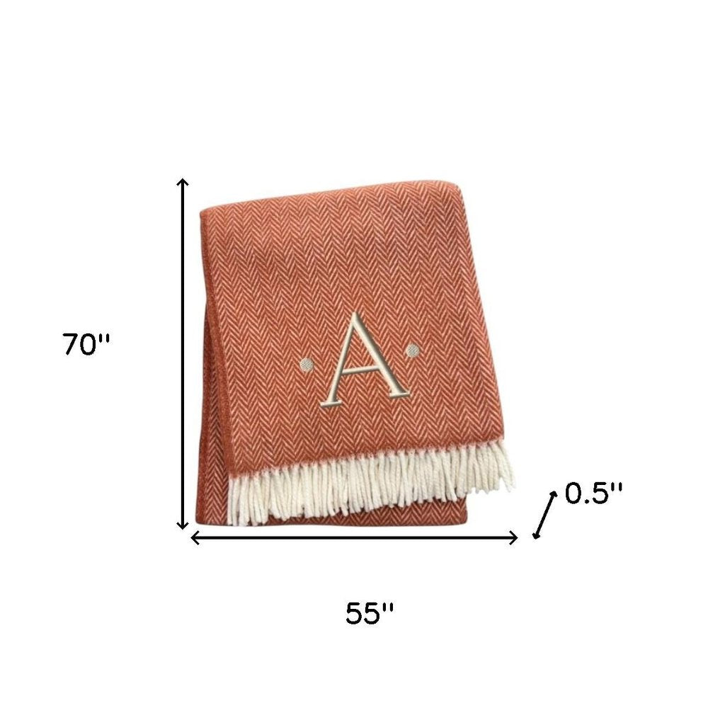 55" X 70" Terra Cotta And White Herringbone Cotton Blend S Initial Throw Blanket with Tassels And Embroidery