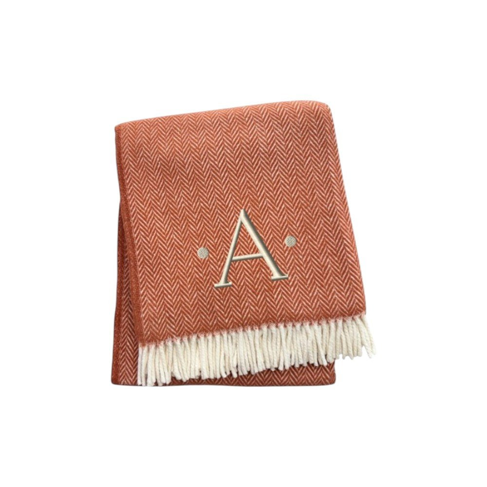 55" X 70" Terra Cotta And White Herringbone Cotton Blend S Initial Throw Blanket with Tassels And Embroidery