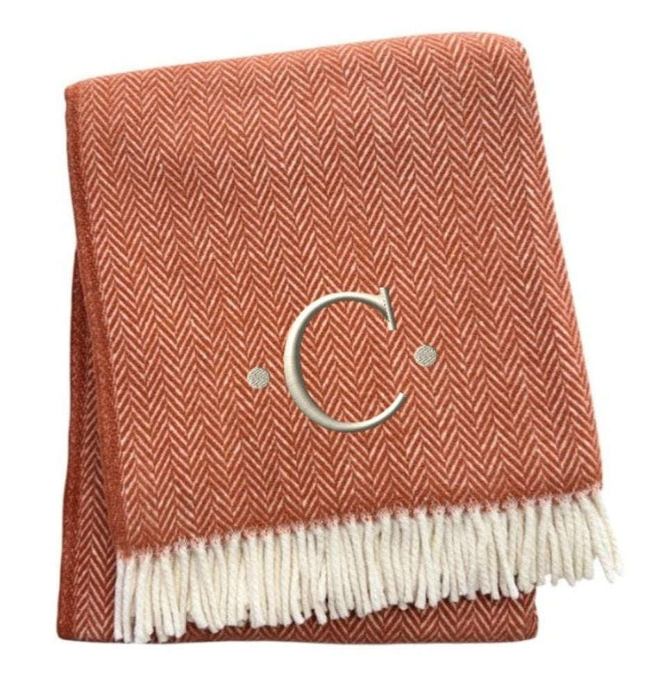55" X 70" Terra Cotta And White Herringbone Cotton Blend S Initial Throw Blanket with Tassels And Embroidery